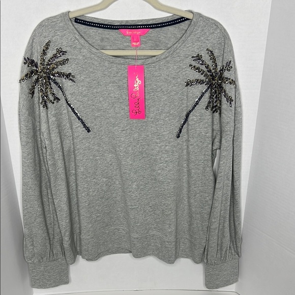 NWT Lily Pulitzer Tippie Sweatshirt Embellished Heathered Seaside Gray Large - Picture 2 of 6
